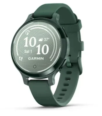 Ceas Garmin Lily 2 Active, display AMOLED, dimensiune afisaj 25,4 mm x 21,3 mm,rezolutie afisaj 240 x 201 pixeli, memorie 8GB, autonomie pana la 9 zile, rezistanta la apa pana la 5 ATM, greutate: 24,4g, ramă Jasper Green și curea Jasper Green din sil