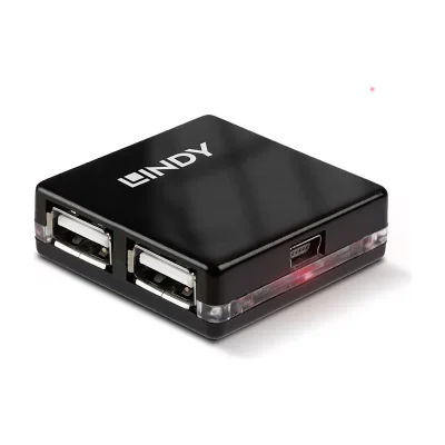 Lindy 4 Port USB 2.0 Mini Hub, USB 2.0, 480 Mbit/s, Black, 40 mm, 40 mm, 12 mm