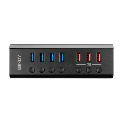 Lindy 4 Port USB 3.0 Hub with 3 Quick Charge 3.0 Ports, USB 3.2 Gen 1 (3.1 Gen 1) Type-B, USB 3.2 Gen 1 (3.1 Gen 1) Type-A, 5000 Mbit/s, Black, Acrylonitrile butadiene styrene (ABS), Aluminium, Quick Charge 3.0