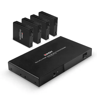 Lindy 70m 4 Port Cat.6 HDMI 4K60 Splitter Extender  Description  Distribute 4K HDMI signals to up to 4 displays in multiple locations Supports resolutions up to 4K@60Hz, with additional support for HDR Features a loop-through HDMI output on the trans