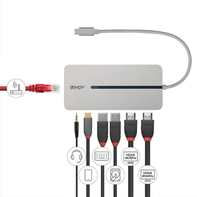 Lindy DST-Mx Duo Mini Docking Station USB Type-C, Dual display (4k), 100W Pass-through charging, rezolutie single display 4k@60, rezolutie dual display 4k@60 + 4k@30, 2x USB Type A, 1x USB-C (PD & Data), 2x HDMI, 1x RJ45, 2x Card reader (microSD & SD