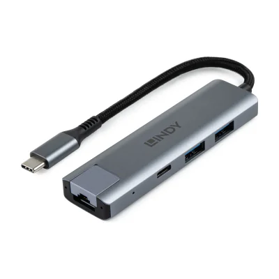 Lindy USB 3.2 Gen 2 Type C Hub & Gigabit Ethernet, USB 3.2 Gen 2 (3.1 Gen 2) Type-C, USB 3.2 Gen 2 (3.1 Gen 2) Type-A, USB 3.2 Gen 2 (3.1 Gen 2) Type-C, 10000 Mbit/s, Grey, Aluminium, Plastic, Round cable
