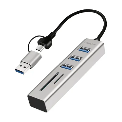 LogiLink USB 3.0 hub, 4x USB-A, 5 Gbit/s, 2-in-1 connection cable, silver, USB 3.2 Gen 1 (3.1 Gen 1) Type-A + Type-C, USB 3.2 Gen 1 (3.1 Gen 1) Type-A, SD, MicroSD (TransFlash), 5000 Mbit/s, Grey, Aluminium