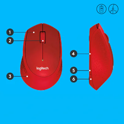 LOGITECH M330 SILENT PLUS Mouse 3 buttons wireless 2.4 GHz USB wireless receiver red
