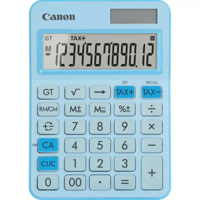 """Calculator birou Canon LS-125KB-PBL, Pastel Blue, 12 digits, 29 keys, dual power, M+, M-,RM/CM, Tax+, Tax-"""