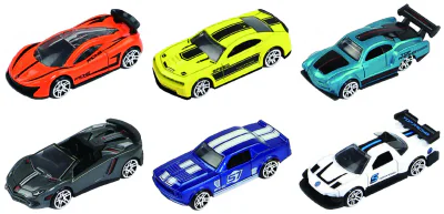 MACHETA DIE CAST, SET 6 MASINI CURSE, SCARA 1/64, 7.5CM, DIVERSE MODELE SI CULORI- PORTOCALIU, GALBEN, BLEU, GRI, ALBASTRU, ALB, NEGRU