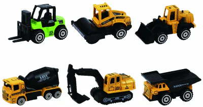 MACHETA DIE CAST, SET 6 UTILAJE, SCARA 1/64, 7.5CM, DIVERSE MODELE SI CULORI- INCARCATOR, COMPACTOR, BULDOZER, BETONIERA, EXCAVATOR SENILE, BASCULANTA- ALB, BLEU,NEGRU SI GALBEN