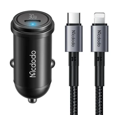 Mcdodo Set Incarcator Auto 1xType-C Fast Charging PD 30W, cablu Type-C la Lightning 1.2m, negru