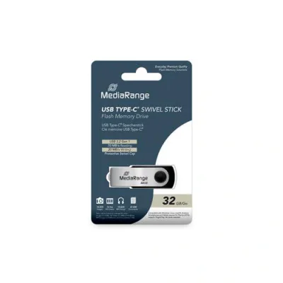 MediaRange USB 3.2 Gen 1 Type-C Flash Memory Drive, Swivel Housing, Black/Silver, 32GB "MR1952"