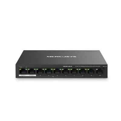MERCUSYS DESKTOP SWITCH 10PORT MS110P POE, Interfata:  10× 10/100 Mbps, Standarde si protocoale:  IEEE 802.3x Flow Control, Dimensiuni:  171*98* 27 mm, Porturi POE: 1-8, Buget POE: 65W.