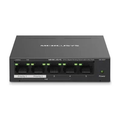 MERCUSYS DESKTOP SWITCH 5PORT MS105GP POE, Interfata: 5 x 5× 10/100/1000 Mbps RJ45 ports, 4 x POE, PoE Power Budget: 65 W, Standarde si protocoale: IEEE 802.3x Flow Control, dimensiuni: 99.8*98*25mm,