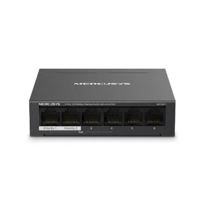 Mercusys Desktop Switch MS106LP 6 porturi 10/100Mbps, Standarde si protocoale  IEEE 802.3x Flow Control, 4 porturi POE, buget POE 40W, dimensiuni: 99.8*98*25mm.