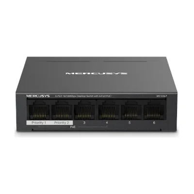 Mercusys Desktop Switch MS106LP 6 porturi 10/100Mbps, Standarde si protocoale  IEEE 802.3x Flow Control, 4 porturi POE, buget POE 40W, dimensiuni: 99.8*98*25mm.