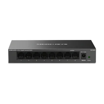 Mercusys MS108GS. Switch type: Unmanaged. Basic switching RJ-45 Ethernet ports type: Gigabit Ethernet (10/100/1000), Basic switching  RJ-45 Ethernet ports quantity: 8. Full duplex. MAC address table: 8000 entries, Switching capacity: 16 Gbit/s. Netwo