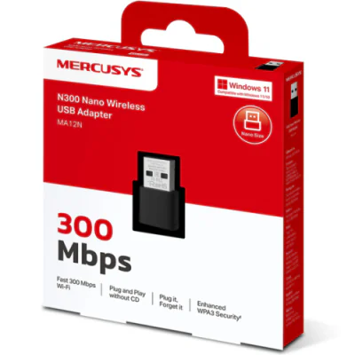 Mercusys N300 Wireless Nano USB Adapter, IEEE 802.11 b/g/n, 300 Mbps on 2.4 GHz, WPA/PSK, WPA2-PSK, WPA3-SAE