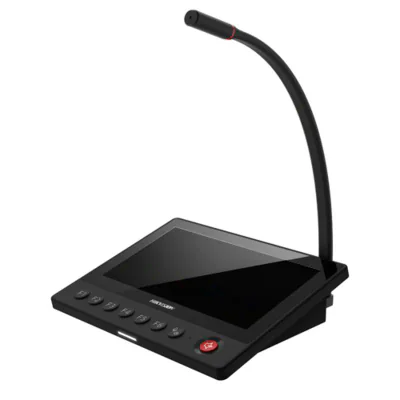 Microfon de birou cu afisaj 7" LCD Hikvision DS-QAZ1MP7G1 Gooseneck, suporta transmisie live, programate, de urgenta, TTS, suporta intrare audio 3.5 mm, protocol retea: ISAPI, ISUP, alimentare: 12 VDC, max.10 W.