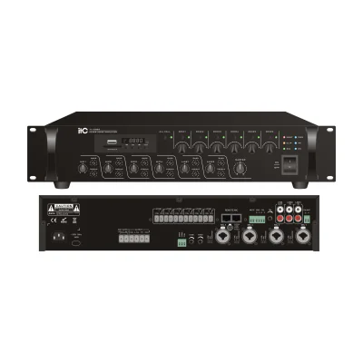 Mixer amplificator cu 6 zone de reglaj ITC TI-5006S, pentru sisteme de Public Address (PA), putere 500W @100V, MP3(USB/SD)+FM Tuner si Bluetooth, 4 x intrari de microfon, 2 x intrari de linie, 1 x intrare EMC, 1 x intrare TEL, Chime integrat, 5 funct