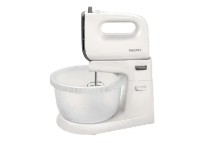 Mixer cu bol Philips Viva Collection HR3745/00, 450 W, Bol actionare automata, 5 viteze, Functie Turbo, Alb/Gri