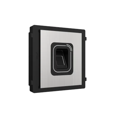 Modul cititor biometric si card Mifare pentru videointerfon modular Hikvision DS-KD-MFB/S; carcasa inox, deschidere usi cu card acces Mifare 13.56 MHz (cardurile nu sunt incluse) si cu amprenta; protectie IP 65; Dimensiuni: 100 mm × 100 mm × 35 mm; T