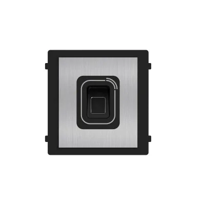 Modul cititor biometric si card Mifare pentru videointerfon modular Hikvision DS-KD-MFB/S; carcasa inox, deschidere usi cu card acces Mifare 13.56 MHz (cardurile nu sunt incluse) si cu amprenta; protectie IP 65; Dimensiuni: 100 mm × 100 mm × 35 mm; T