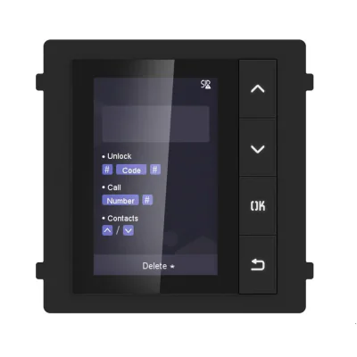 Modul de afisare pentru videointerfon modular Hikvision DS-KD-DIS; ecran LCD 3.5 inch, rezolutie 320x480P; 4 butoane de operare; memorie pentru 500 de contacte; apelare din lista de contacte; deschidere usa cu Pin cu ajutorul modului de tastatura( nu