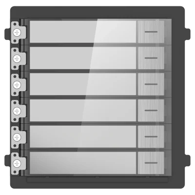 Modul de extensie videinterfon cu sase butoane de apelare Hikvision DS- KD-KK/S; montaj aplicat sau ingropat (acesoriile de montaj nu sunt incluse), customizare afisare nume; iluminare pe timp de noapte; Conectare RS-485, 1 x Input; 1 x Output; prote