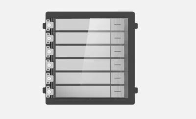 Modul de extensie videinterfon cu sase butoane de apelare Hikvision DS- KD-KK/S; montaj aplicat sau ingropat (acesoriile de montaj nu sunt incluse), customizare afisare nume; iluminare pe timp de noapte; Conectare RS-485, 1 x Input; 1 x Output; prote