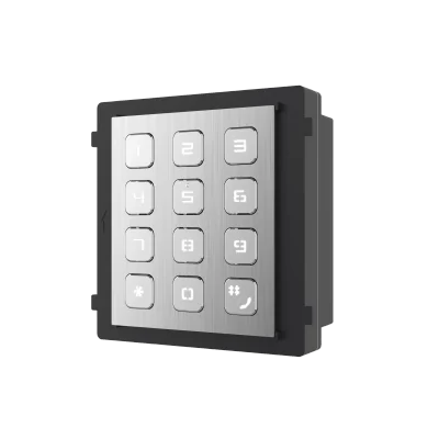 Modul de extensie videointerfon cu tastatura Hikvision DS-KD- KP/S;.permite formarea codului de apartament sau a codului de acces; montaj aplicat sau ingropat (accesoriile de montaj nu sunt incluse); iluminare pe timp de noapte; protectie: IP65, IK7;