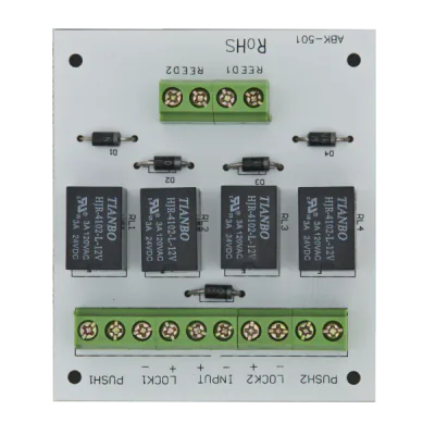 Modul electronic pentru doua usi cu incuietori tip fail-safe cu monitorizare sau buton.
