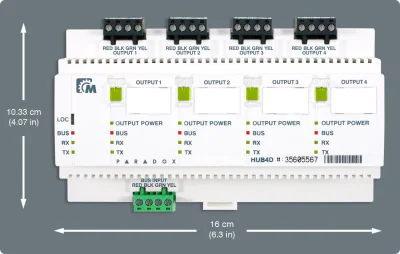 Modul izolator Bus Paradox HUB4D cu 4 porturi: multiplică magistrala de date în 4 magistrale izolate galvanic pentru protecția împotriva descărcărilor de tensiune și a diferențelor de potențial; izolarea face ca un defect pe o magistrală să nu influe