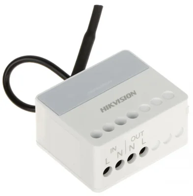 Modul releu AX PRO Hikvision DS-PM1-O1H-WE, 1 x output NO/NC (AC 100~240 V, Max 13A), comunicare 868 MHz two-way wireless, criptare AES-128, distanta de comunicare RF: 1600m, in camp deschis, 1x buton invatare( pentru inregistrare), 3 x Led stare:  R