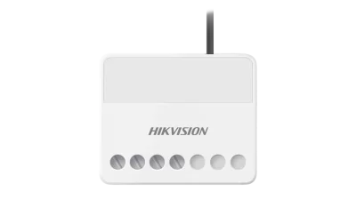 Modul releu AX PRO Hikvision DS-PM1-O1H-WE, 1 x output NO/NC (AC 100~240 V, Max 13A), comunicare 868 MHz two-way wireless, criptare AES-128, distanta de comunicare RF: 1600m, in camp deschis, 1x buton invatare( pentru inregistrare), 3 x Led stare:  R