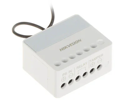 Modul releu AXPRO Hikvision DS-PM1-O1L-WE, 1 x NO/NC (0~36 V DC, Max 5 A), comunicare 868 MHz two-way wireless, criptare AES-128, distanta de comunicare RF: 1800m, in camp deschis, 1x buton invatare( pentru inregistrare),  3 x Led stare: Register/Sig
