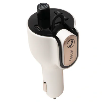 Modulator auto FM Spacer cu casca Bluetooth 5.0, earphone 30mAh, 12V-24V,alb
