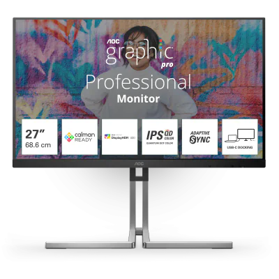 "Monitor AOC 27"" Q27U3CV, Diagonal (inch): 27, Diagonal (cm): 69, Aspect ratio: 16:9, Panel: QD-IPS, Resolution: 2560x1440, Refresh Rate: 75Hz, Response time GtG: 4ms, Brightness (max): 420 cd/m², Contrast (static) : 1000:1, Contrast (dynamic): 50M: