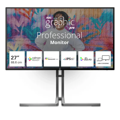 "Monitor AOC 27"" U27U3CV, Diagonal (inch): 27, Diagonal (cm): 69, Aspect ratio: 16:9, Panel: IPS, Resolution: 3840x2160, Refresh Rate: 60Hz, Response time GtG: 4ms, Brightness (max): 400 cd/m², Contrast (static) : 1300:1, Contrast (dynamic): 50M:1, 