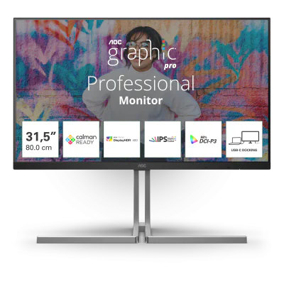 "Monitor AOC 31.5"" U32U3CV, Diagonal (inch): 31.5, Diagonal (cm): 80, Aspect ratio: 16:9, Panel: IPS, Resolution: 3840x2160, Refresh Rate: 60Hz, Response time GtG: 4ms, Brightness (max): 400 cd/m², Contrast (static) : 1000:1, Contrast (dynamic): 50M