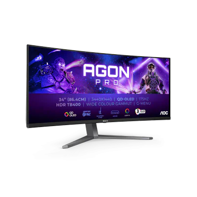 Monitor Aoc 34" AG346UCD, Curvature: 1800R, Diagonal (inch): 34, Diagonal (cm): 86, Aspect ratio: 21:9, Panel: QD-OLED, Resolution: 3440x1440, Refresh Rate: 175Hz, Response time GtG: 0.03ms, Brightness (max): 1000 cd/m², Contrast (static) : 1.5M:1, C
