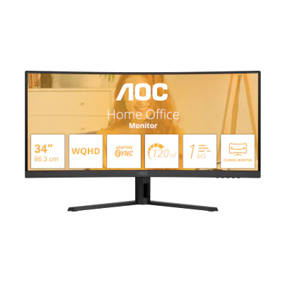 Monitor AOC 34" CU34B3E, Curvature: 1500R, Diagonal (inch): 34, Diagonal (cm): 86, Aspect ratio: 21:9, Panel: VA, Resolution: 3440x1440, Refresh Rate: 120Hz, Response time GtG: 4ms, Response time MPRT: 1ms, Brightness (max): 300 cd/m², Contrast (stat
