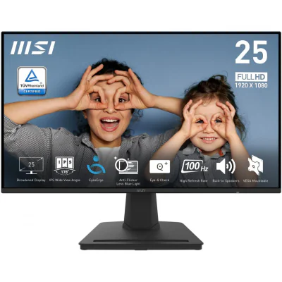Monitor MSI 24.5" PRO MP252, Diagonal (inch): 24.5, Diagonal (cm): 62, Aspect ratio: 16:9, Panel: IPS, Resolution: 1920x1080, Refresh Rate: 100Hz, Response time GtG: 4ms, Response time MPRT: 1ms, Brightness (max): 300 cd/m², Contrast (static) : 1000: