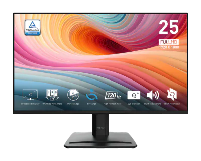 Monitor MSI 24.5" PRO MP252 E2, Diagonal (inch): 24.5, Diagonal (cm): 62, Aspect ratio: 16:9, Panel: IPS, Resolution: 1920x1080, Refresh Rate: 120Hz, Response time GtG: 4ms, Response time MPRT: 1ms, Brightness (max): 300 cd/m², Contrast (static) : 15