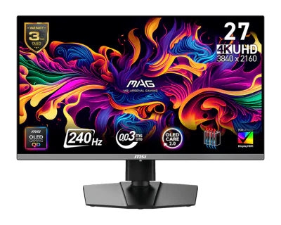 Monitor MSI 26.5" MAG 272UP QD-OLED X24, Diagonal (inch): 26.5, Diagonal (cm): 67, Aspect ratio: 16:9, Panel: QD-OLED, Resolution: 3840x2160, Refresh Rate: 240Hz, Response time GtG: 0.03ms, Brightness (max): 250 cd/m² ; 1000 cd/m², Contrast (static) 