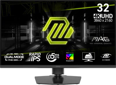 Monitor MSI 31.5" MAG 322URDF E16, Diagonal (inch): 31.5, Diagonal (cm): 80, Aspect ratio: 16:9, Panel: Fast IPS, Resolution: 3840x2 160/1920x1080, Refresh Rate: 160Hz/320Hz, Response time GtG: 0.5ms, Brightness (max): 400 cd/m², Contrast (static) : 
