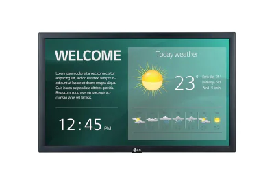 Monitor signage LG, 22", 250nit, 18/7, FHD, panel IPS, E-LED, 12ms, contrast static 1000:1, webOS, SuperSign Premium/C. rama 16.3mm even, dimensiuni 510.3x302.1x53.8mm, VESA 100x100, greutate 3.6kg, consum max 35W. Garantie 3 ani