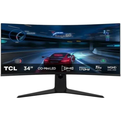 Monitor TCL 34" 34R83Q, Curvature: 1500R, Diagonal (inch): 34, Diagonal (cm): 86, Aspect ratio: 21:9, Panel: QD-Mini LED, Resolution: 3440x1440, Refresh Rate: 170Hz, Response time GtG: 1ms, Brightness (max): 1600 cd/m², Contrast (static) : 4000:1, Vi