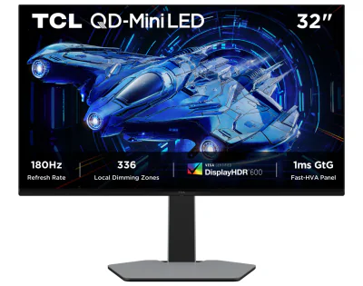 Monitor TCL Gaming QD-Mini LED 32G64 31.5", QHD (2560x1440), Fast-HVA, 180Hz, 1ms GTG, HDR600, Freesync & G-SYNC Compatible, Flicker-Free, Low Blue Light, difuzoare 3Wx2, 2x HDMI 2.1, DisplayPort 1.4, VESA 100x100mm, Pivot, negru