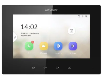 Monitor videointerfon 7inch color Hikvision DS-KH6320-LE1(B)LCD Resolution 1024 × 600, ROM 32 MB, RAM 128 MB, Audio compression standard G.711 U, G.711 A,Event capacity 200 alarm records,2 MB RAM reserved for events, Linked doorphone capacity 17 IP d