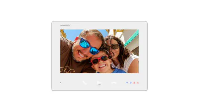 Monitor videointerfon color Hikvision DS-KH7300EY-WTE2/White, 7-inch, rezolutie: 1024 × 600, Colorful TFT, 3 butoane, alarm 1, Wi-Fi 2.4 GHz, IEEE802.11b, IEEE802.11g, IEEE802.11n alimentare: IEEE802.3af, Standard PoE, dimensiuni: 190.2 mm × 138.2 mm