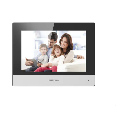 Monitor videointerfon modular 7" color Hikvision DS-KH6320-TE1; ecran LCD 7" color cu touch screeen, rezolutie ecran 1024 × 600; design modern; Conectivitate: 10/100 Mbps self adaptive network ; TCP/IP, SIP, RTSP; Comunicare audio video bidirectional