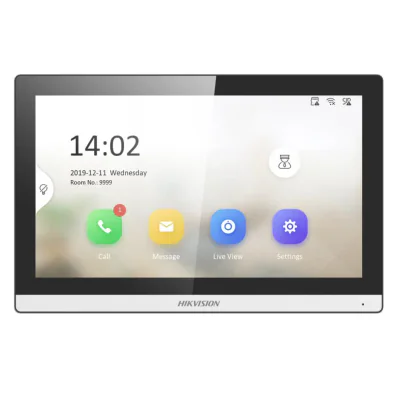 Monitor videointerfon modular 7" color Hikvision DS-KH6350-WTE1; ecran LCD 7" color cu touch screeen, rezolutie ecran 1024 × 600; design modern; Conectivitate: 10/100 Mbps self adaptive network ; TCP/IP, SIP, RTSP; Comunicare audio video bidirectiona